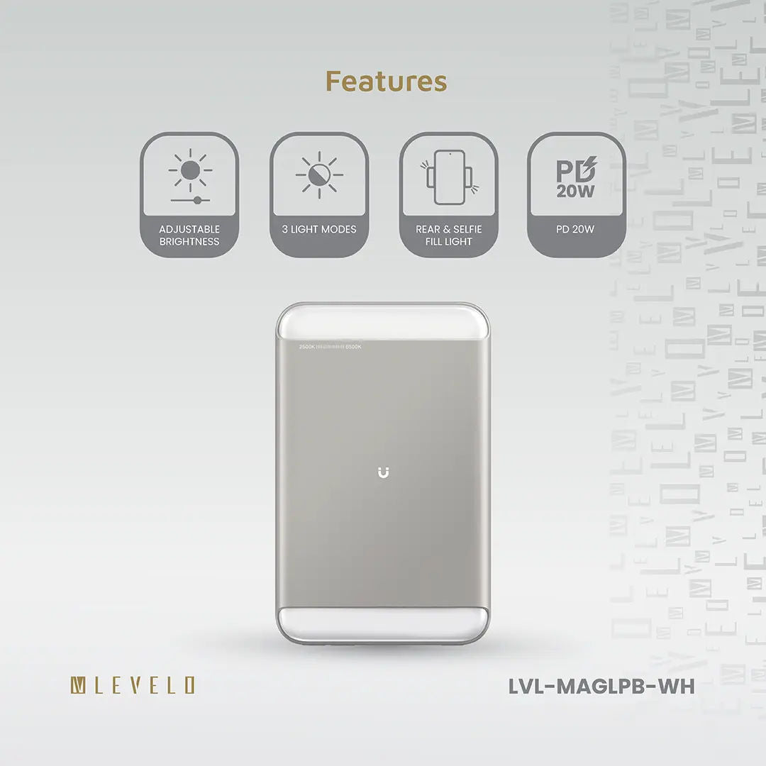 Levelo MagLight Portable Power Bank 8000mAh, Rear & Selfie Fill Light
