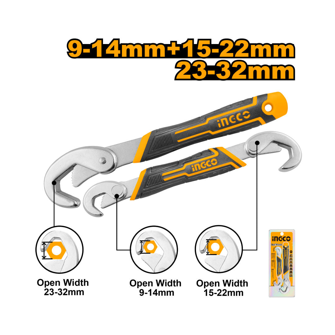 INGCO Wrench Set - Double Open 9-14mm & 15-22mm + Single Open 23-32mm, Chrome Plated Two-Color Handle
