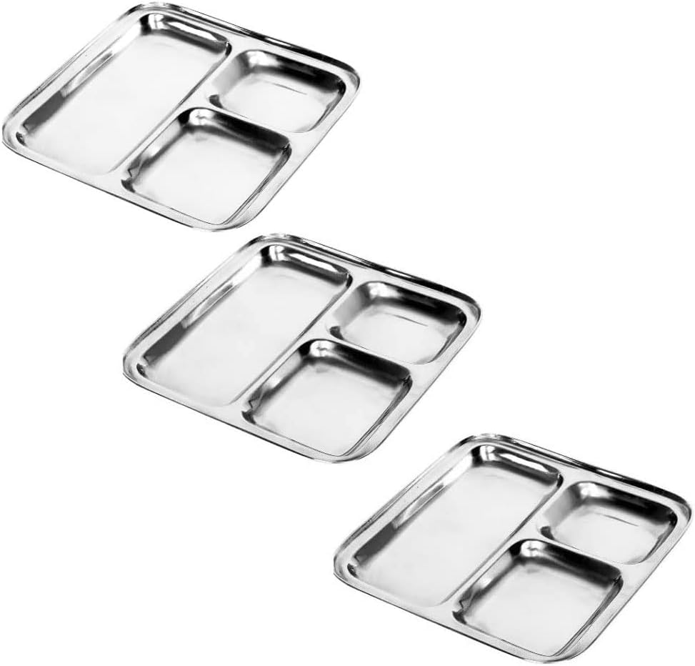 Set of 3 Stainless Steel Square Compartment Dinner Plates