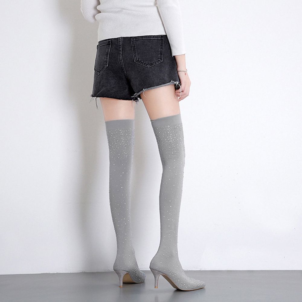 Crystal Fabric Over-the-Knee Pointed Toe 7cm Heel Boots for Women
