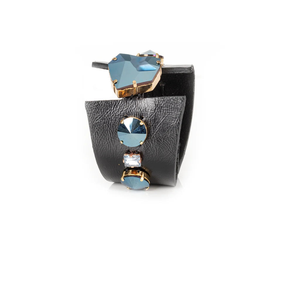 The Dark Midnight Steel Crystal Leather Cuff