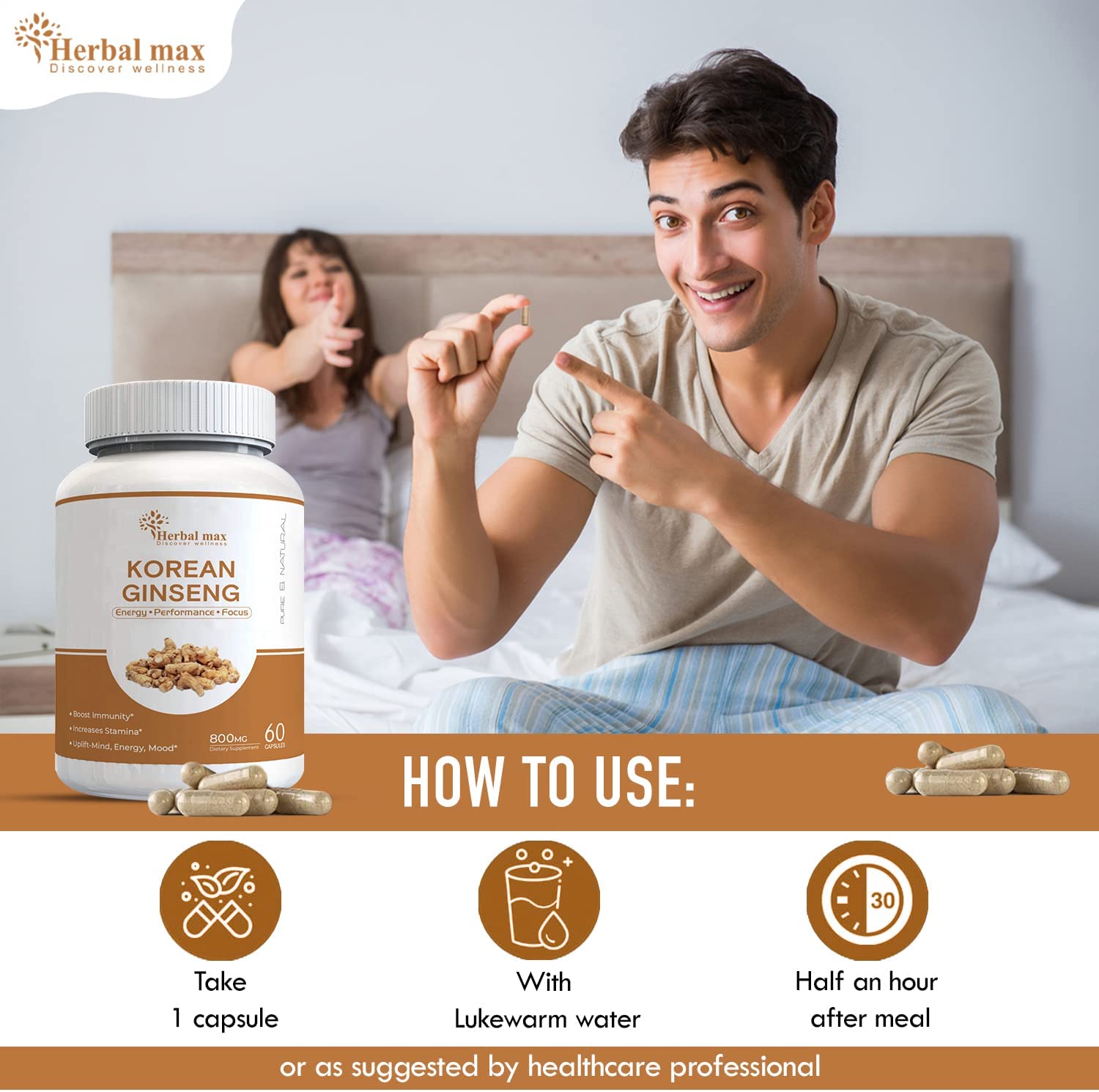 Herbal max Men's & Women's Korean Ginseng (800mg, 60 Veg Capsule)