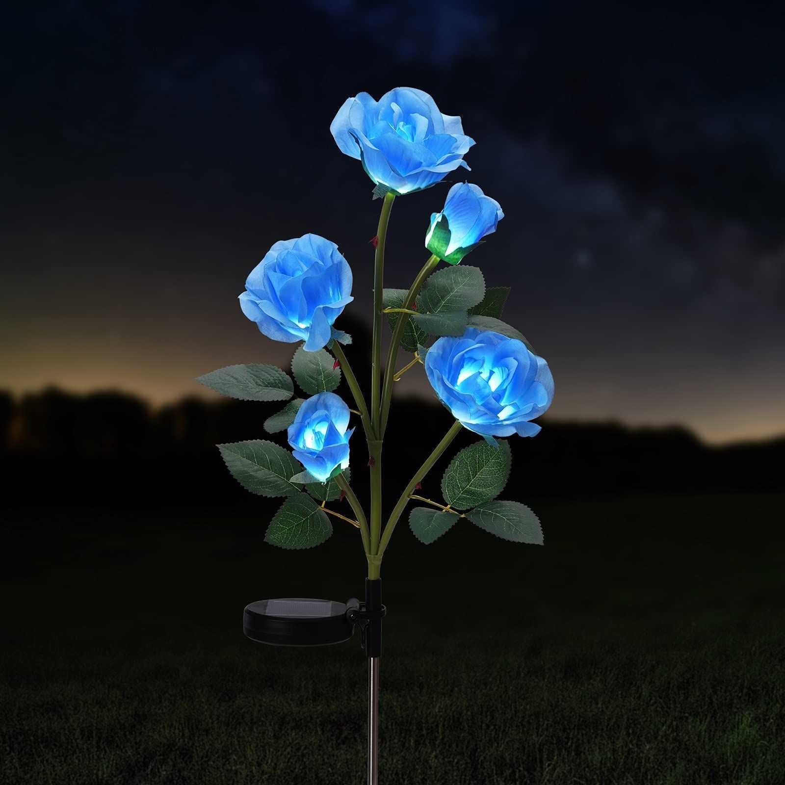 Outdoor Solar Flower Lights 2 Pack 5 Head Artificial Rose LED Lamp Garden Décor