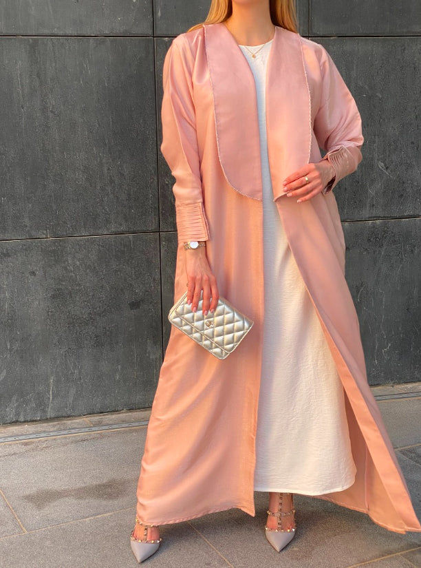 MOiSTREET Pink Rotana Shimmer Handwork Abaya Set with Under Dress and Sheila