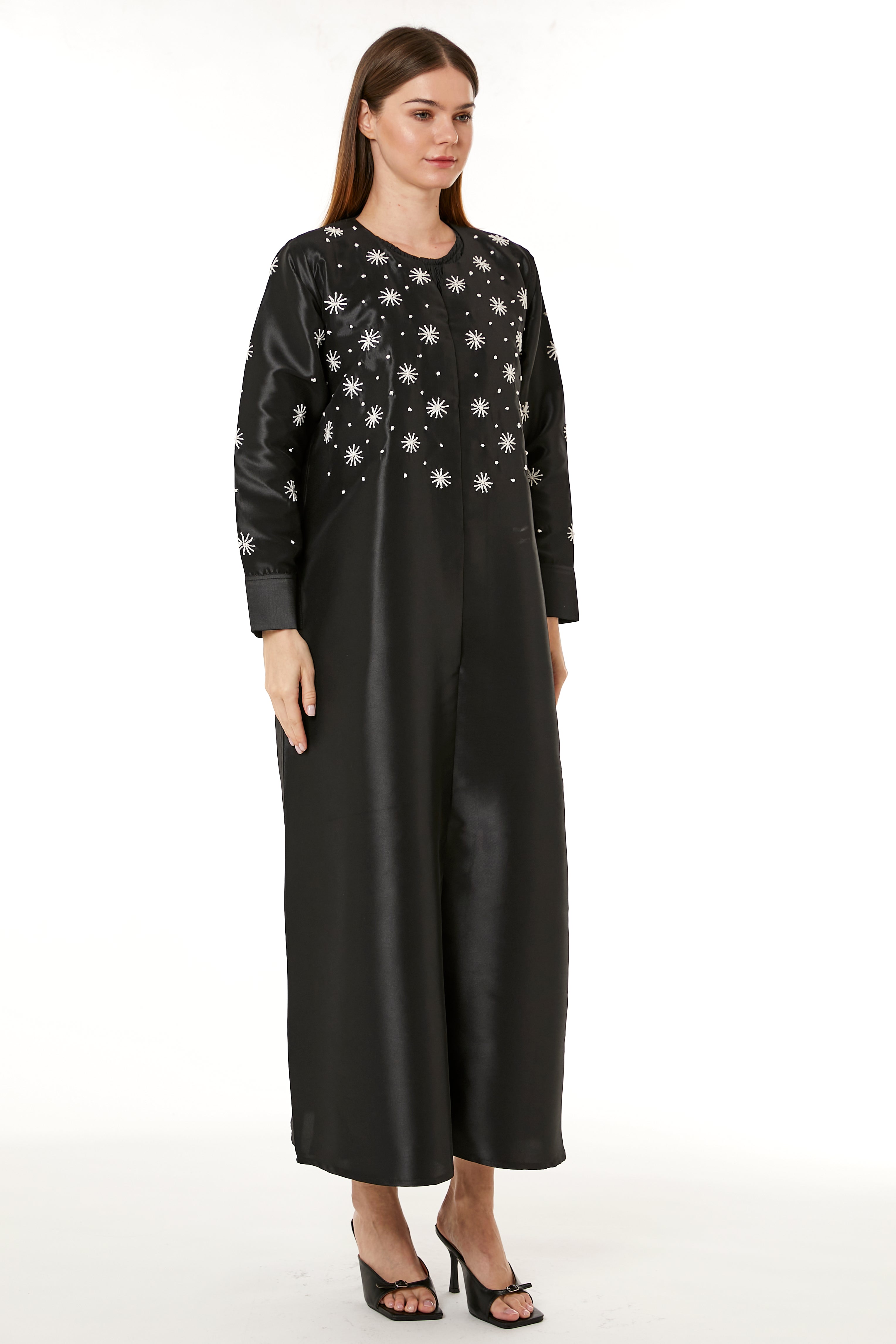 Black Victoria Satin Embroidered Abaya