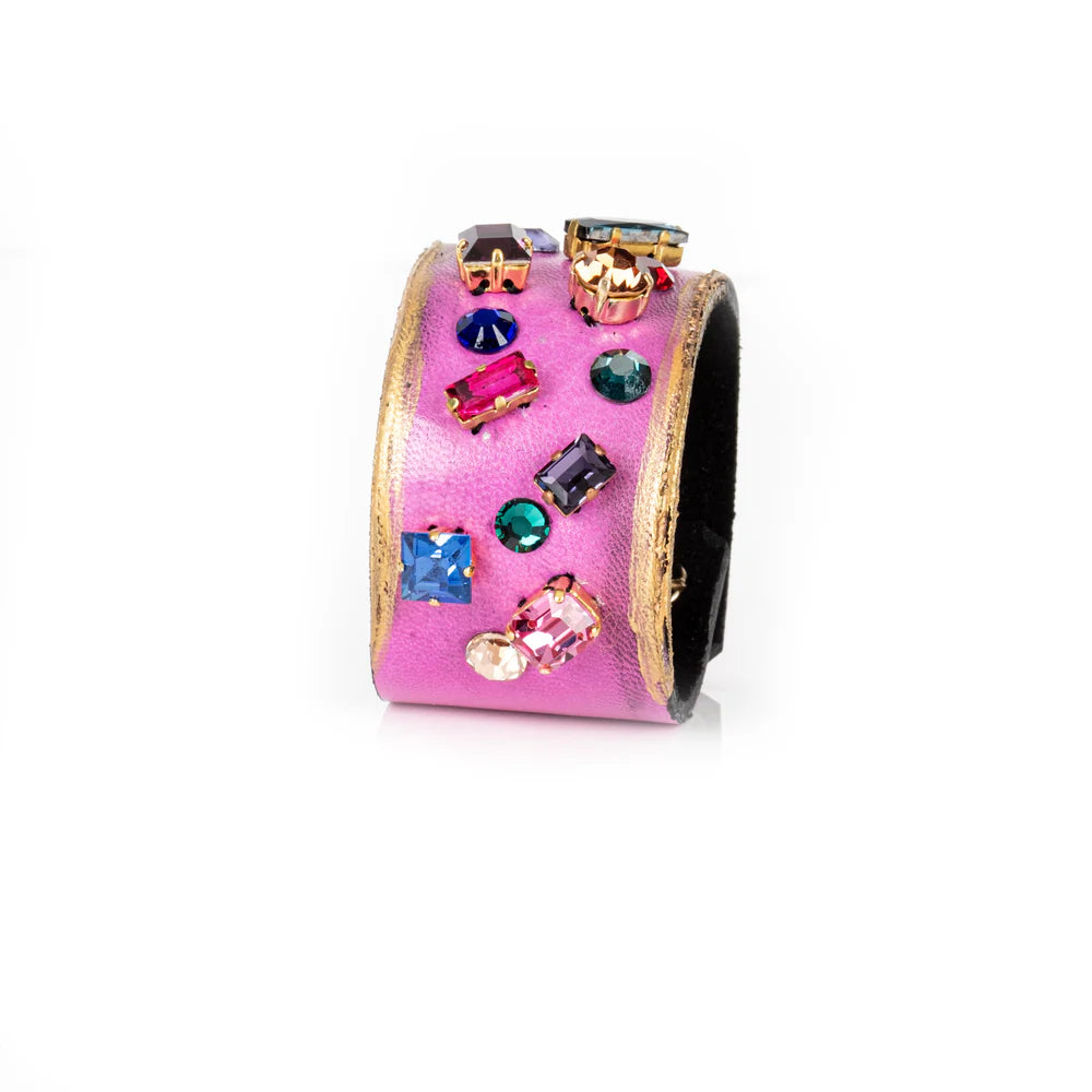 The Dark Pink Leather Crystal Cuff Bracelet with Multicolor Gemstones