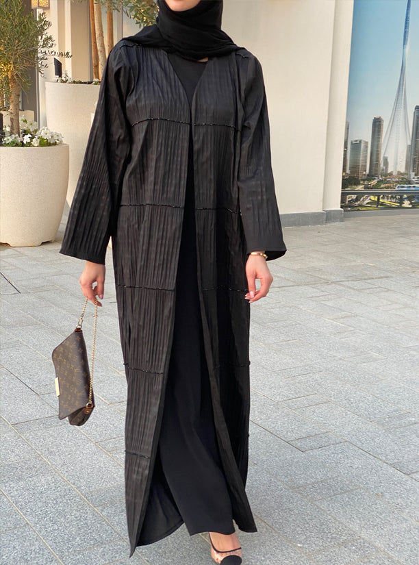 MOiSTREET Polyester Black Wrinkled Embroidery Abaya