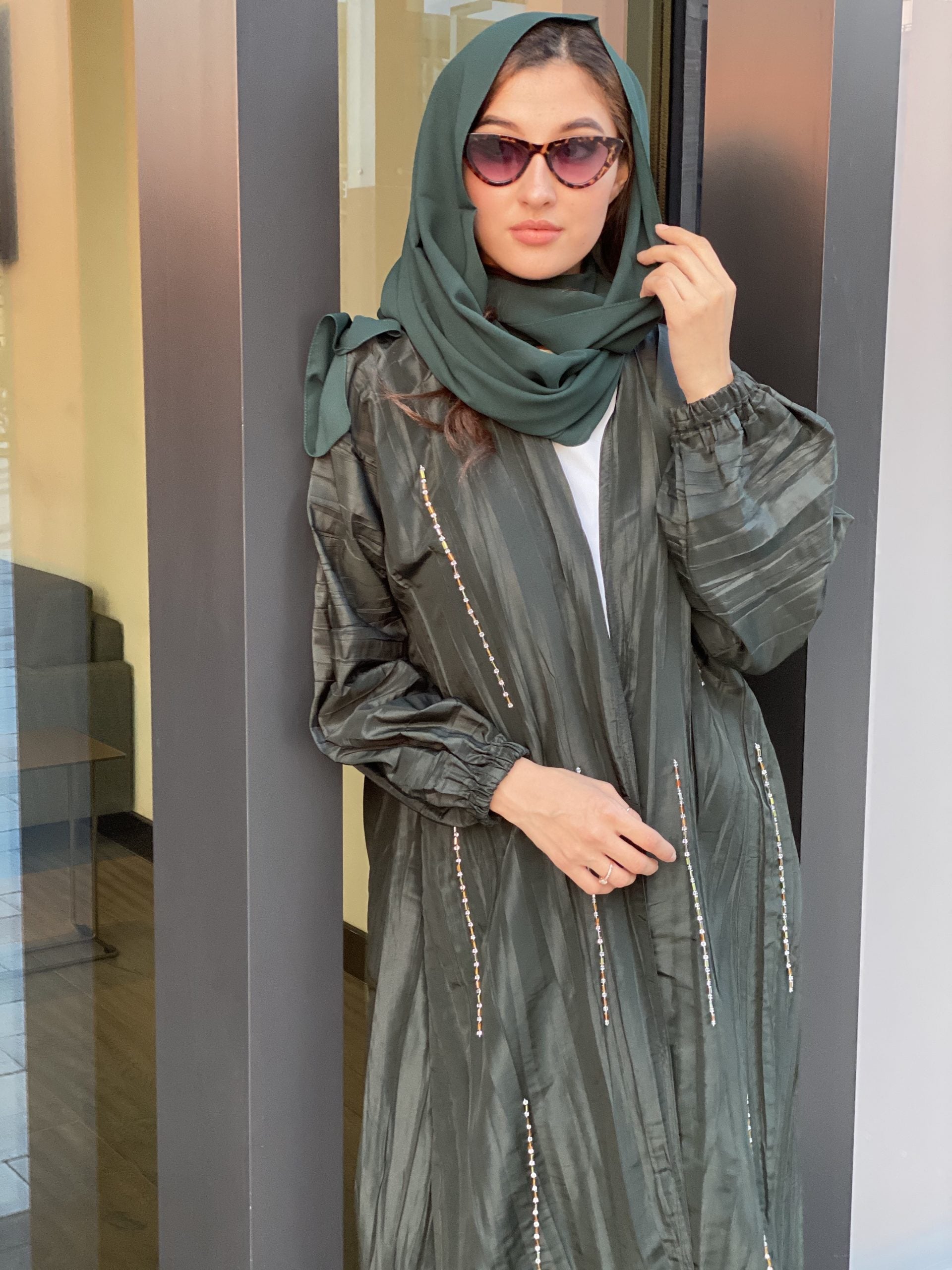MOiSTREET Green Pleated Taffeta Abaya