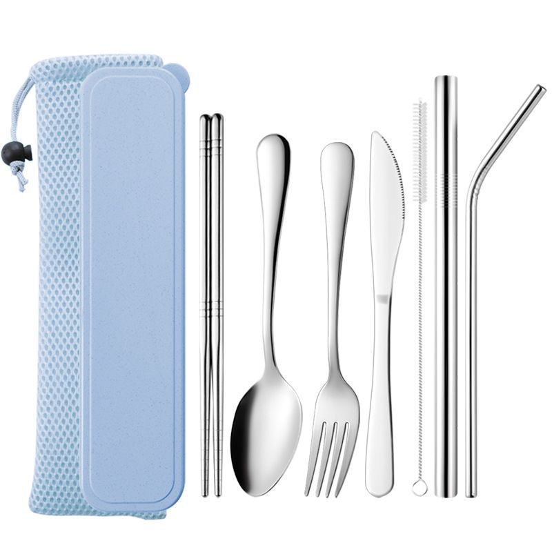 Stainless Steel Tableware Set Straw Knife Fork Spoon Chopsticks Portable Tableware