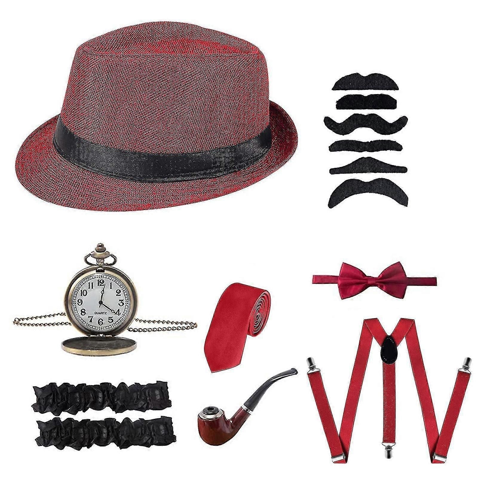 1920 Mens Gatsby Costume Accessory Set With Gangster Hat Beard Elastic Braces Neck Bow Pocket Watch