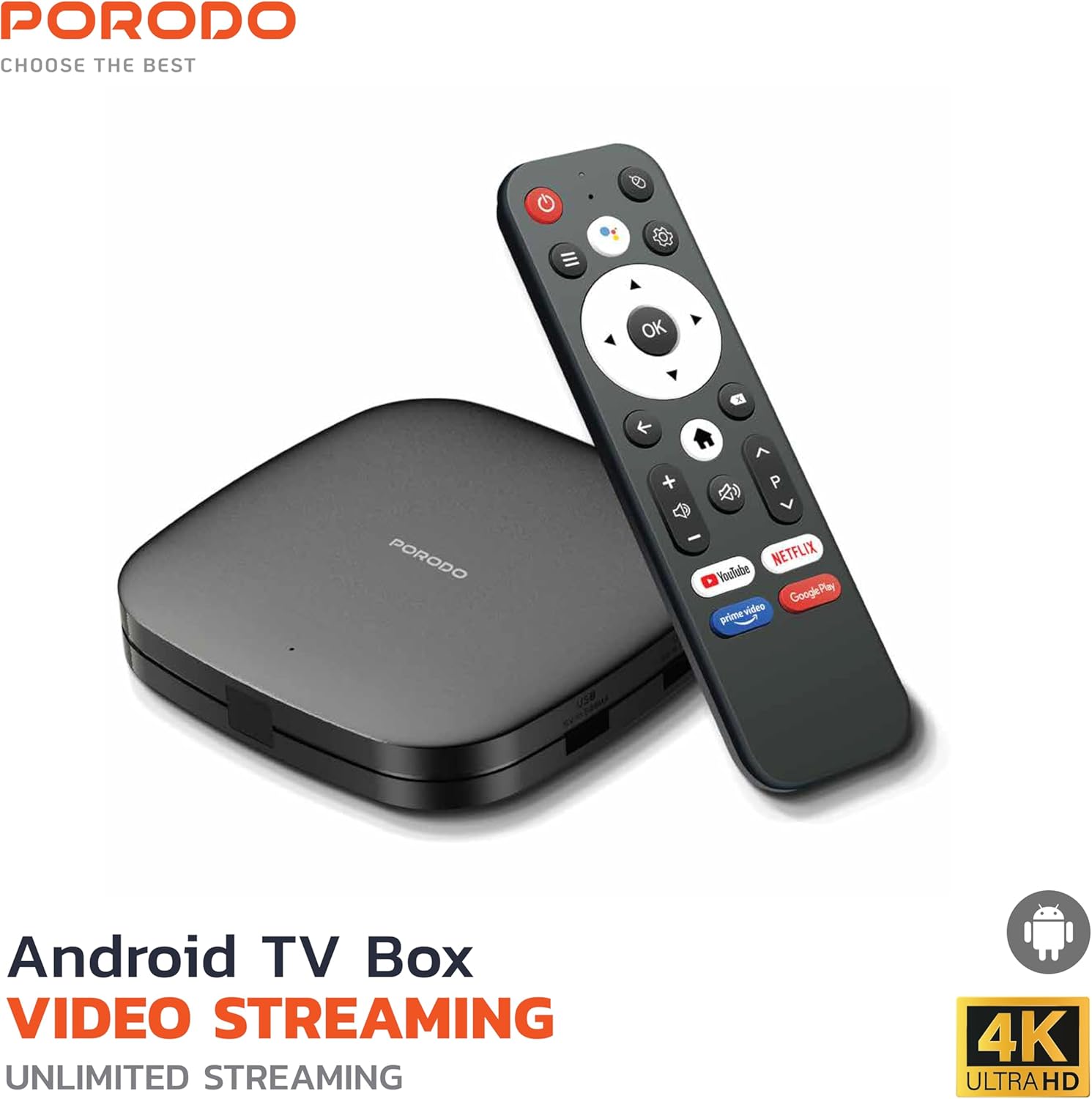 Porodo Android TV Box Video Streaming 1080 Full HD, Black, 2GB RAM/8GB ROM