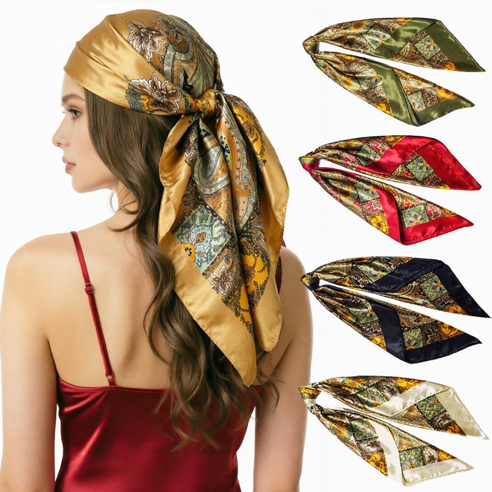 4Pcs Satin Silk Paisley Square Scarf Set for Women 90cm