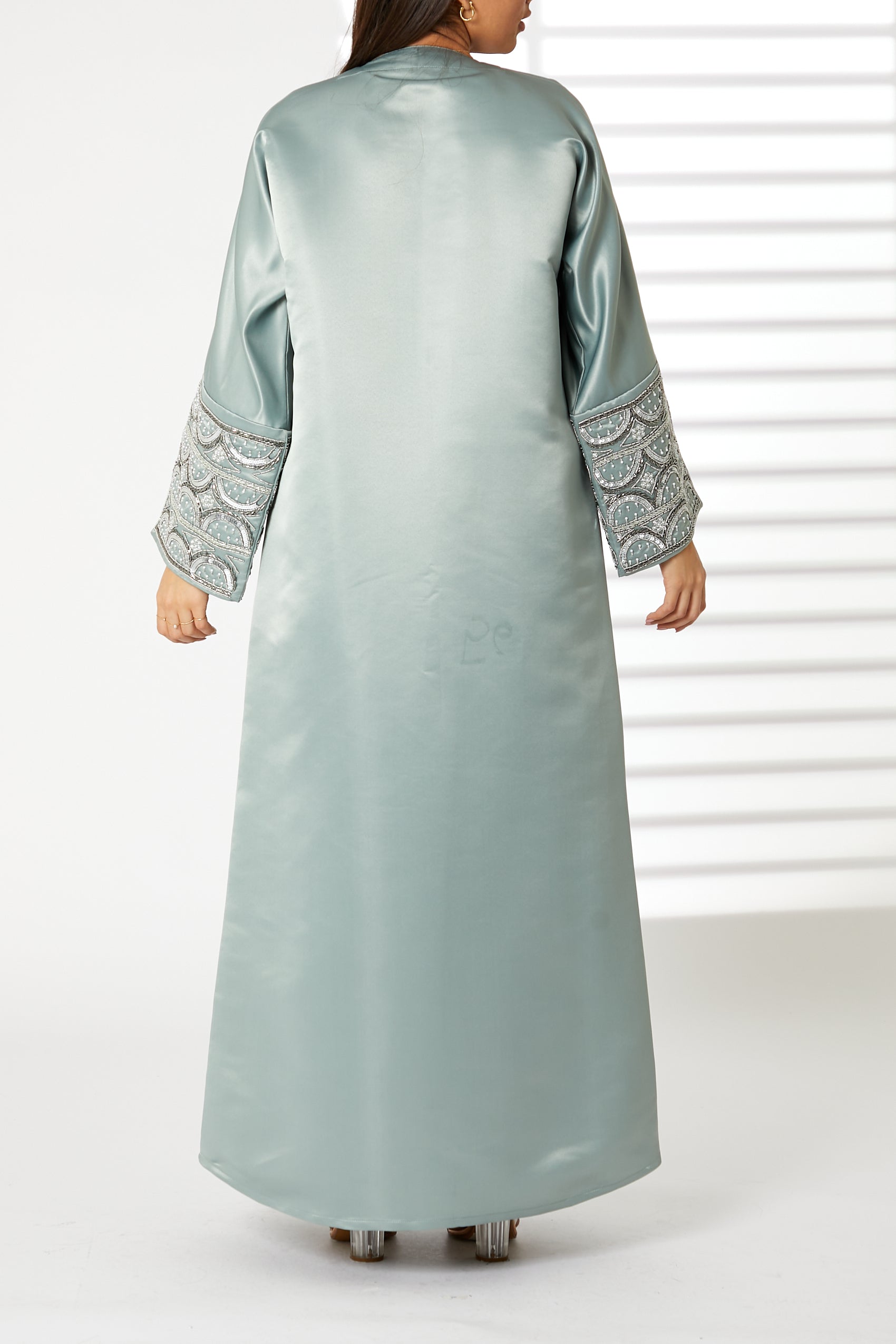 MOiSTREET Greenish Cyan V-Neck Bridal Satin Split Cuffs Abaya