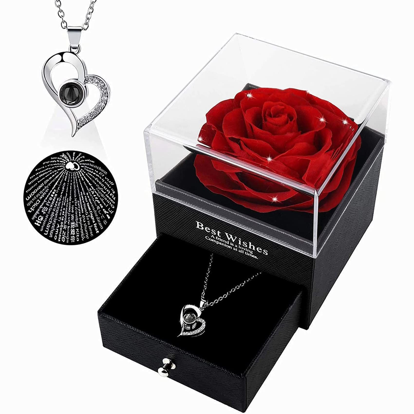 Preserved Rose Drawer With Necklace Rose And Silver Necklace Set Valentine Day