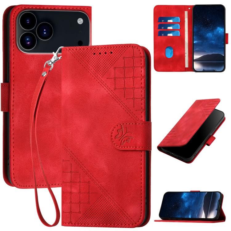 For iPhone 18 Pro Max / iPhone 17 Pro Max YX0080 Grid Butterfly Embossed Pattern Flip Leather Phone Case with Lanyard