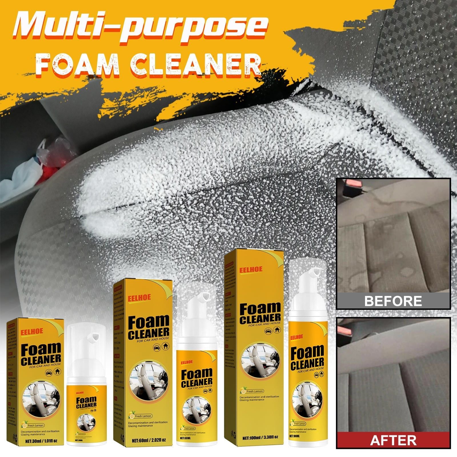 Car Seat Cleaning Foam, Multi-Purpose Interior Decontamination, Safe and Fast ,120ml