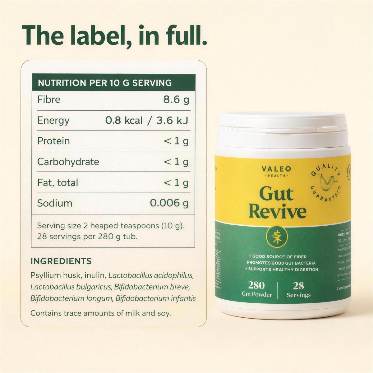 Valeo Gut Revive Powder - Psyllium Husk, Prebiotics & Probiotics - 280g