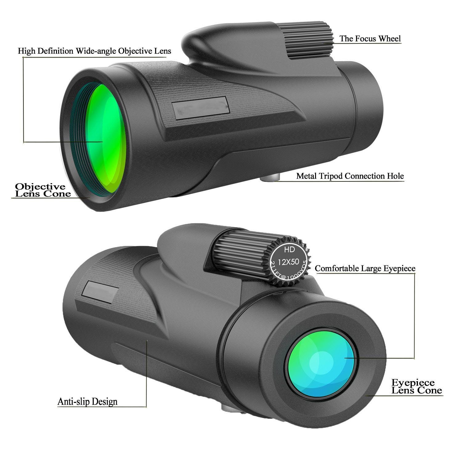 Monocular Scope Telescope Low Light Night Vision With Quick Smartphone Holder 12X50 HD