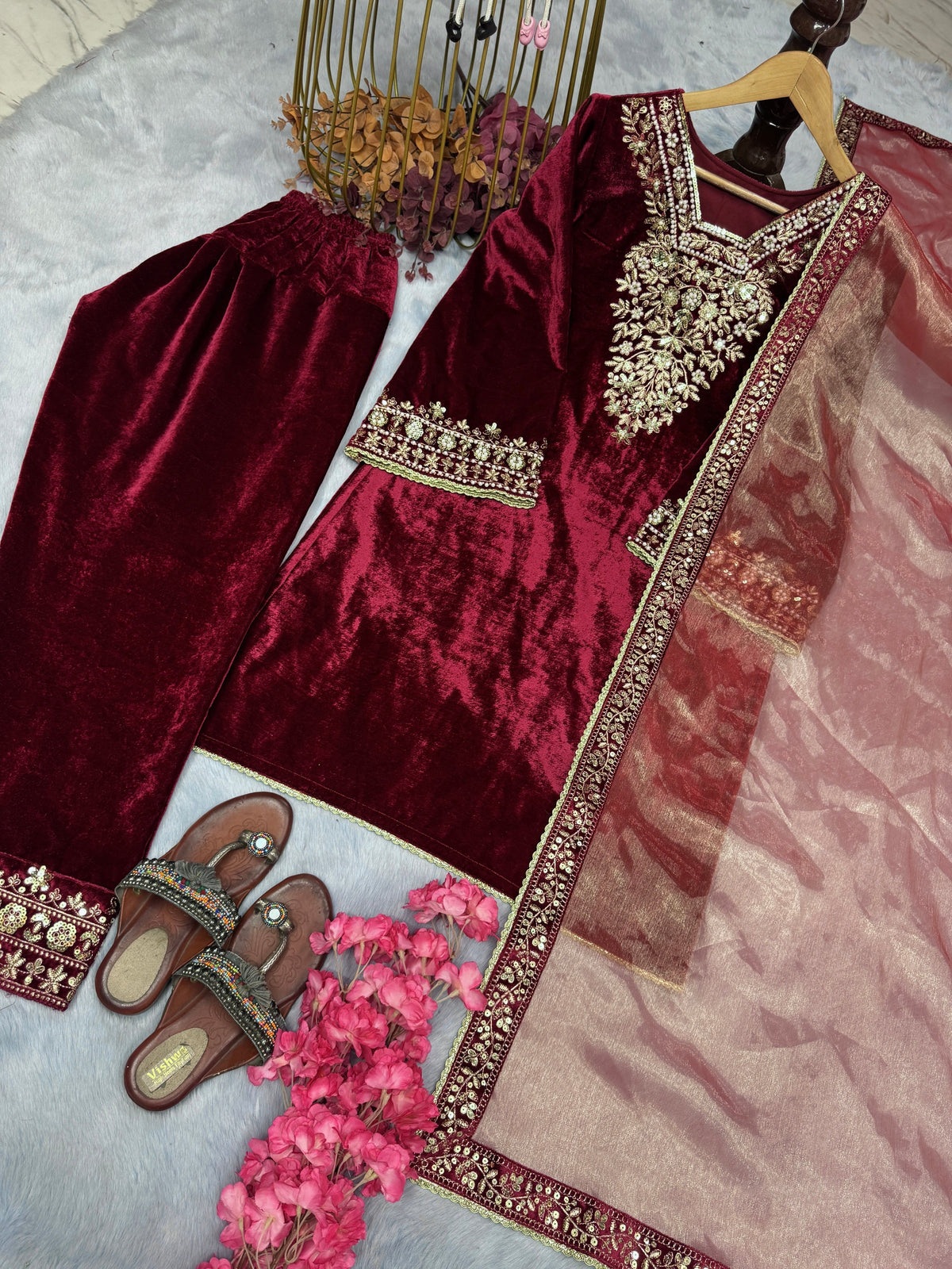 Fab Zone Designer Party Wear Look Heavy Pure Viscose Velvet Top Bottom & Dupatta Set