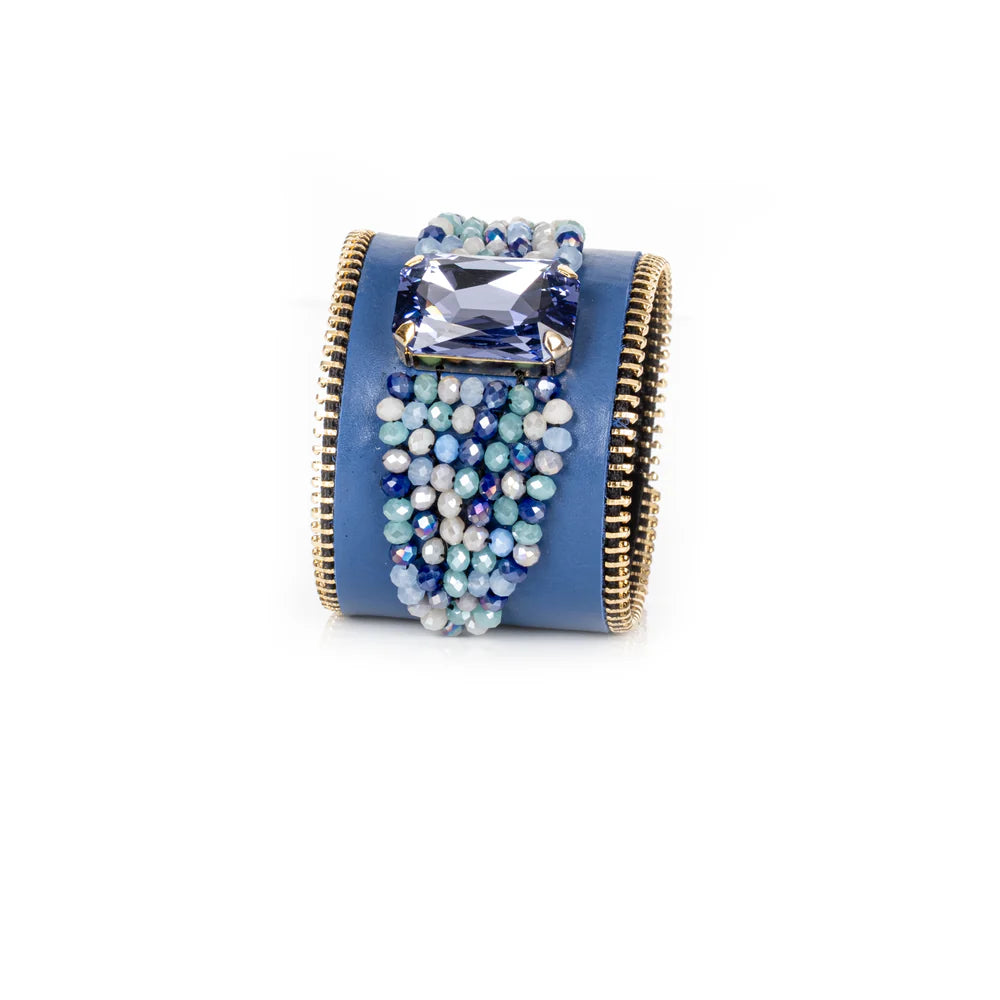 The Dark Azure Cascade Cuff Blue Leather Crystal Drop Statement Bracelet