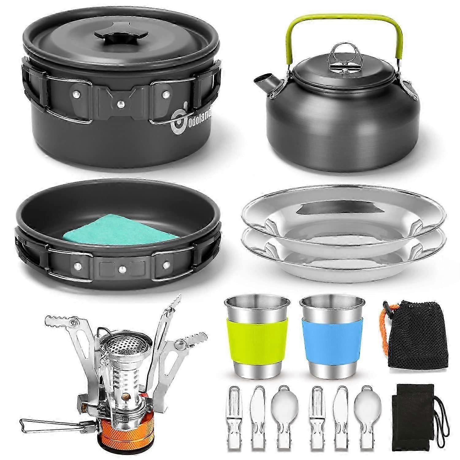 Camping Cookware Kit With Folding Camping Stove Suit, Non-stick Pot Pan Kettle Set For Outdoor Cooking And Picnic For 2 People