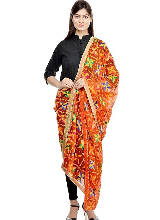 Punjabi Hand Embroidery Phulkari Faux Chiffon Dupatta, Stoles