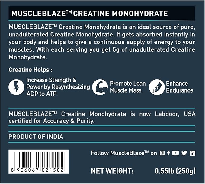 MuscleBlaze Creatine Monohydrate (Unflavoured, 0.55lbs / 250g) 50 Servings