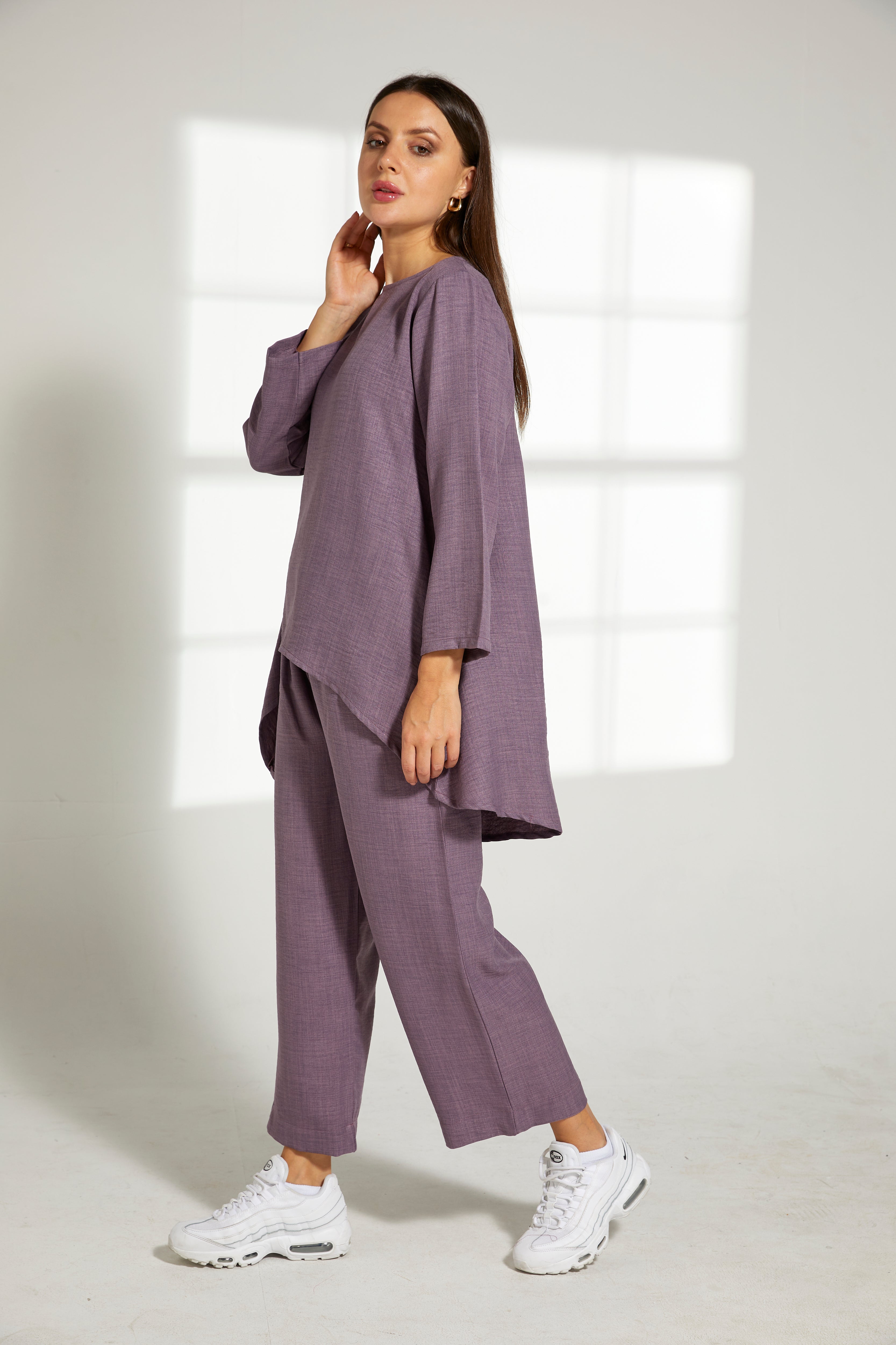 MOiSTREET Purple CEY Mélange Fabric Top And Pants set