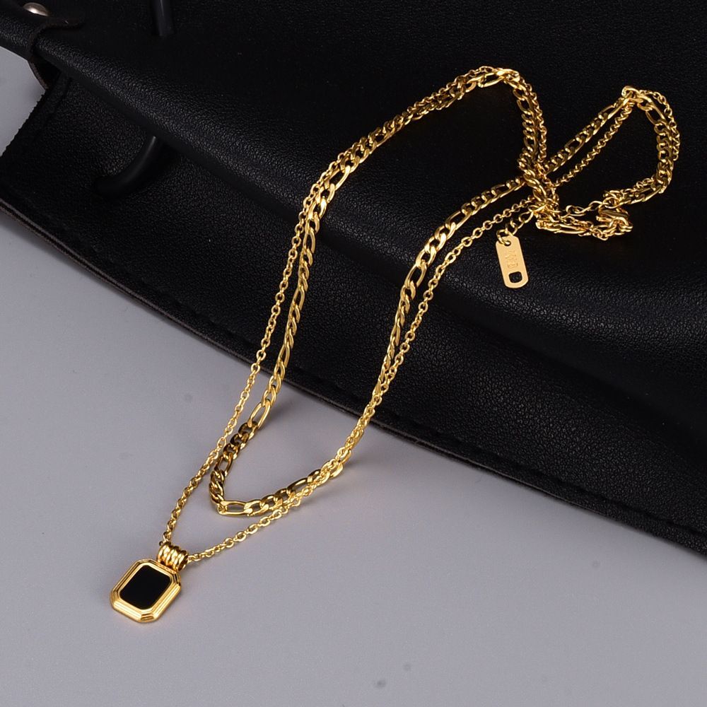 Women Layered Choker Necklace Chain Jewelry With Square Pendant