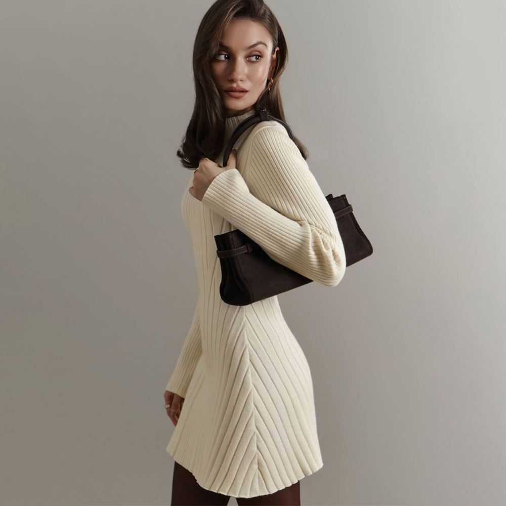 Spring Long Sleeve Turtle Neck Knit Dress Elegant Solid Knit Sweater Dress for Women