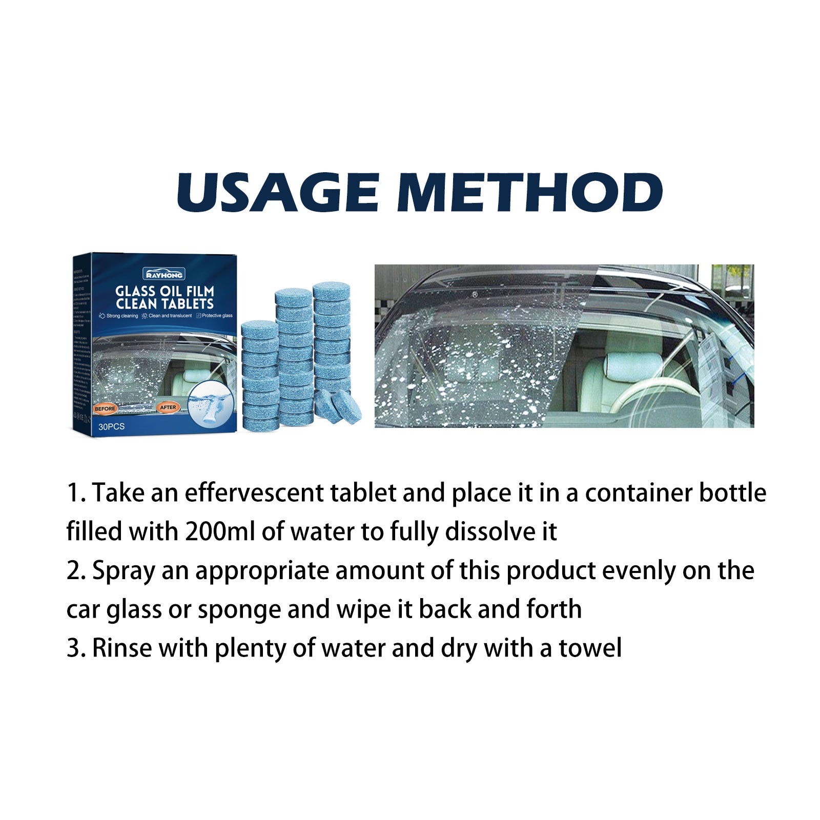 Concentrated Cleaning Tablet for Car Windshield, Rainproof, Anti-Fog, Easy Shine ,30pcs
