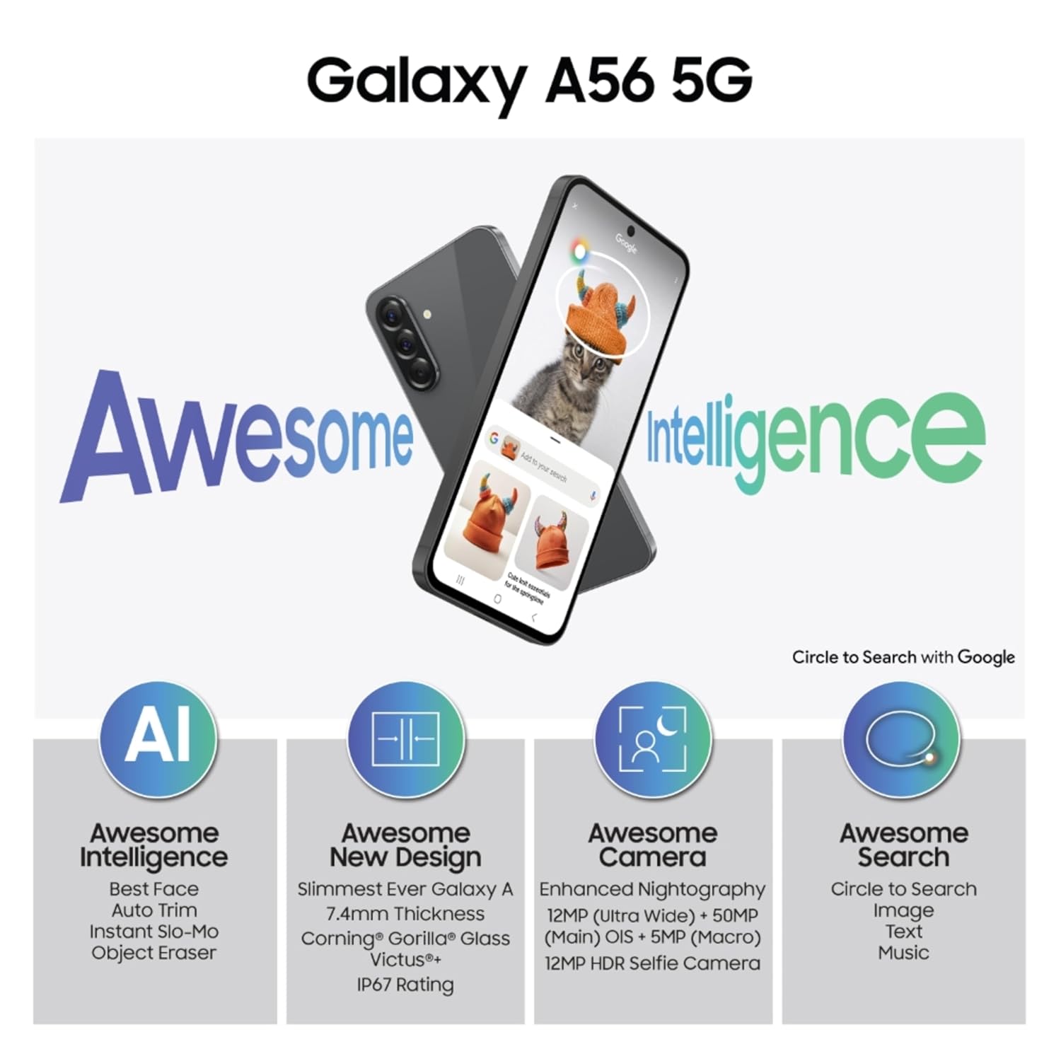 هاتف ذكي Samsung Galaxy A56 5G بنظام Android باللون الرمادي الداكن، ذاكرة وصول عشوائي (RAM) سعة 8 جيجابايت، كاميرا مزودة بتقنية الذكاء الاصطناعي، شاشة AMOLED