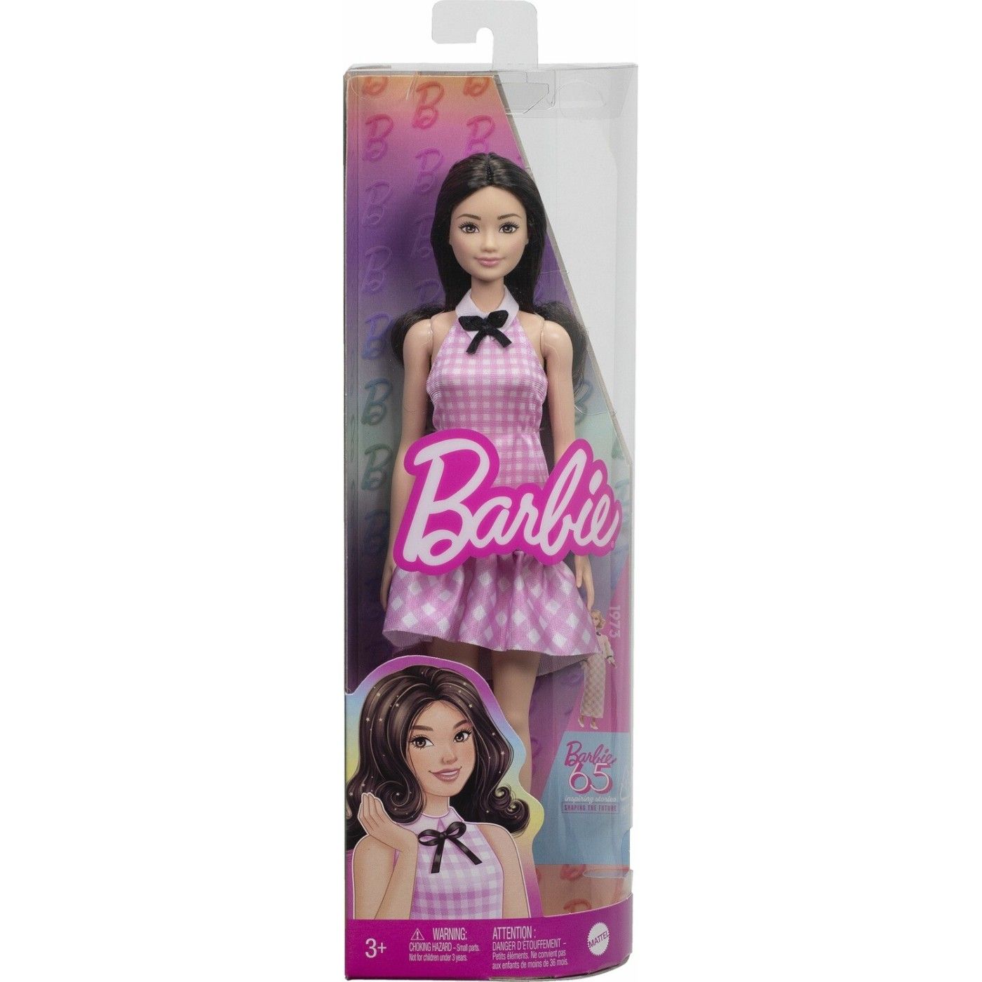 Barbie Fashionistas Doll #224, 65th Anniversary Collectible with Black Wavy Hair & Pink Gingham Dress