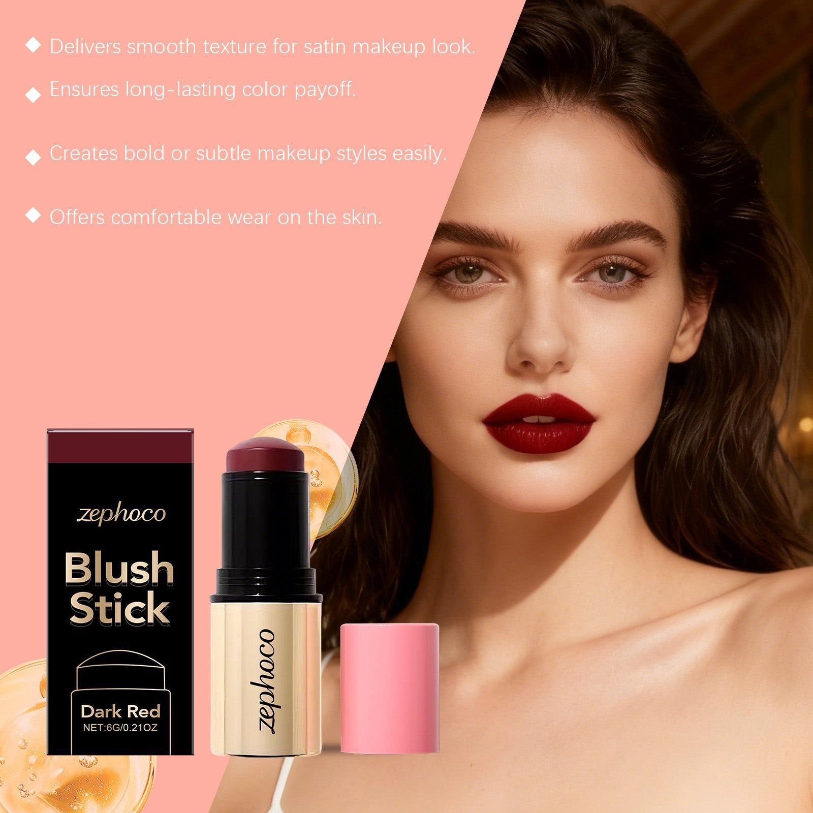 Dark Red Moisturizing Blush Stick, Long-Lasting Face Makeup, Easy to Apply ,6g