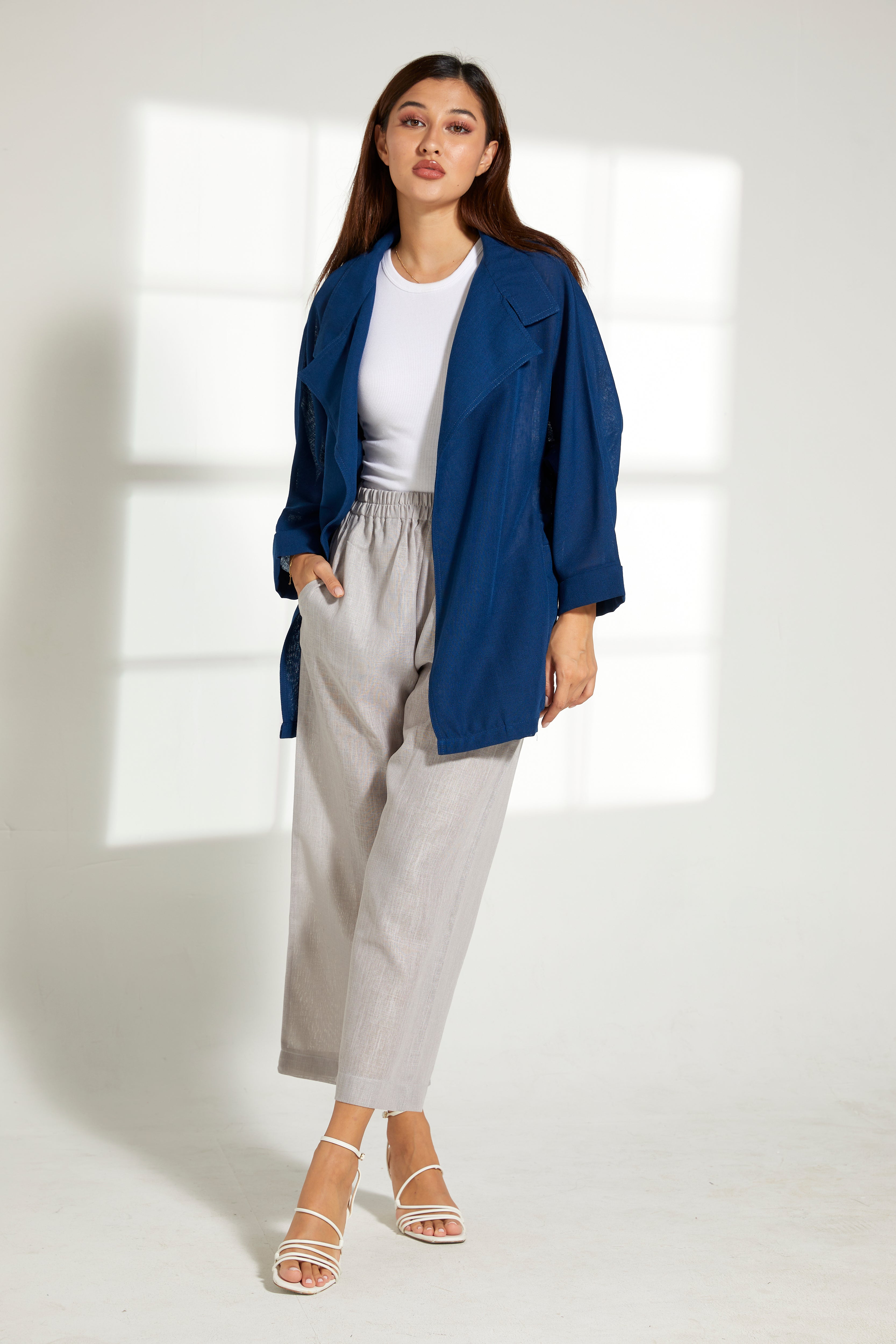 MOiSTREET Blue Linen Top and Grey Pants Set