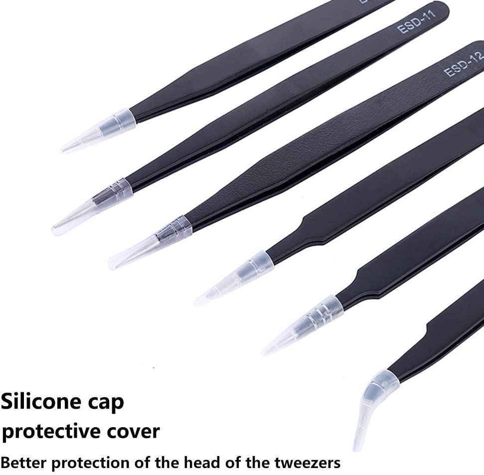 7 Pack Tweezers ESD Anti-Static Stainless Steel Tweezers Kit Safe Precision Tipped Tweezers