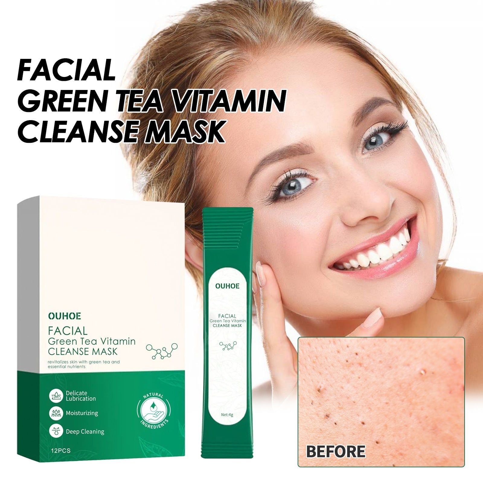 Deep Cleaning Green Tea Vitamin Mask for Acne, Pores, Hydration, Clear Skin ,12pcs