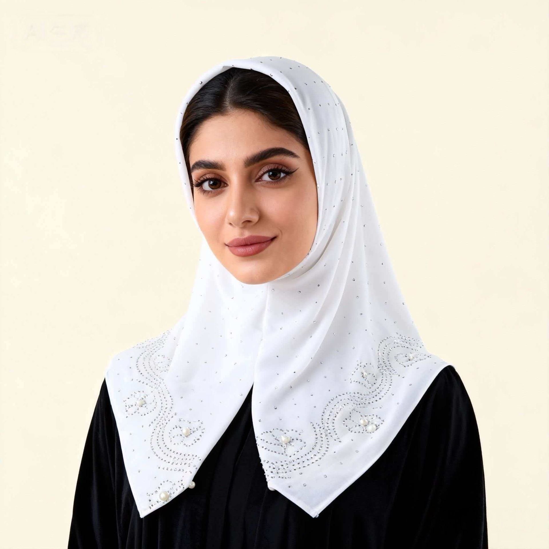 White Pearl Rhinestone Chiffon Hijab Scarf Wedding Shawl