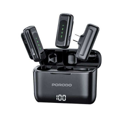 PORODO - ميكروفون مزدوج مع حقيبة شحن - أسود