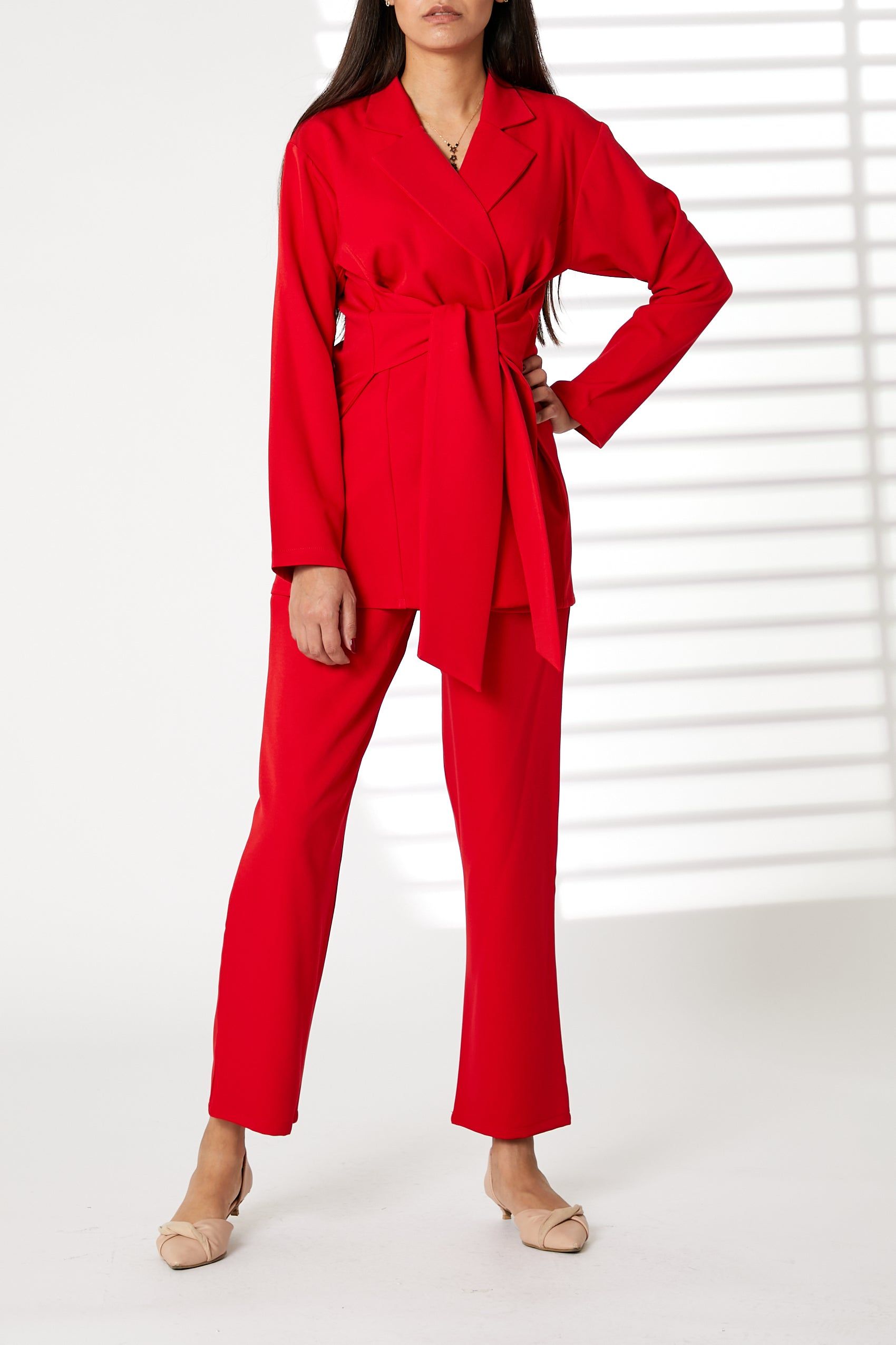 MOiSTREET Red Barbie Crepe Fabric Blazer and Pants Set