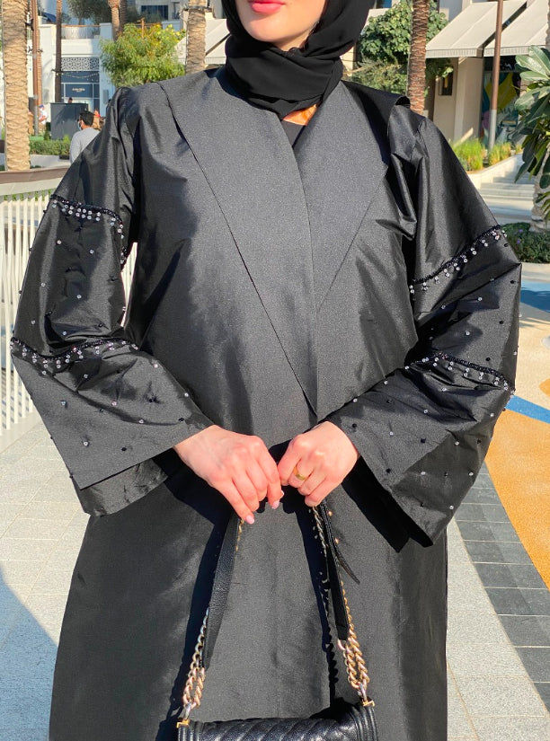 MOiSTREET Black Taffeta Abaya with Handwork