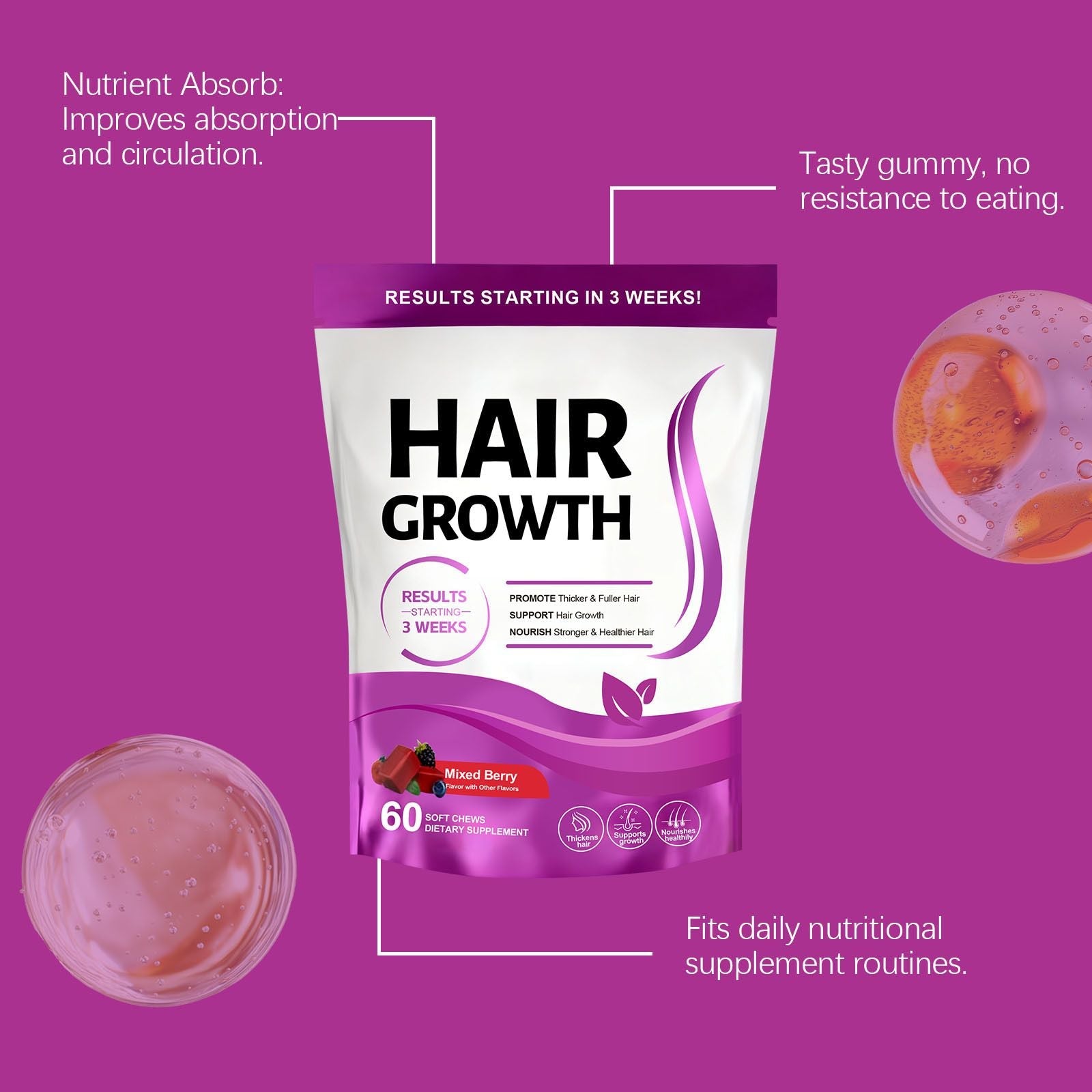 Hair Health Support Soft Chews, Mixed Berry Flavour Daily Dietary Supplement for Hair Care, 60 Chews