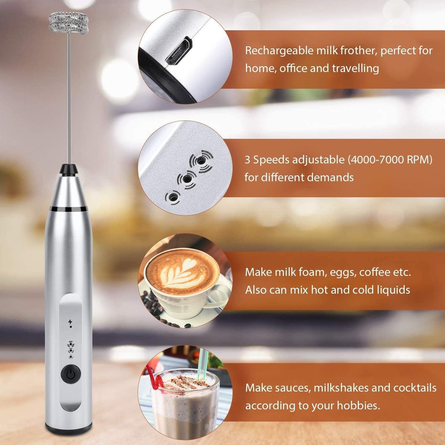 Electric Milk Frother Handheld Foam Maker USB Egg Beater Rechargeable Drink Mixer With 3 Speeds