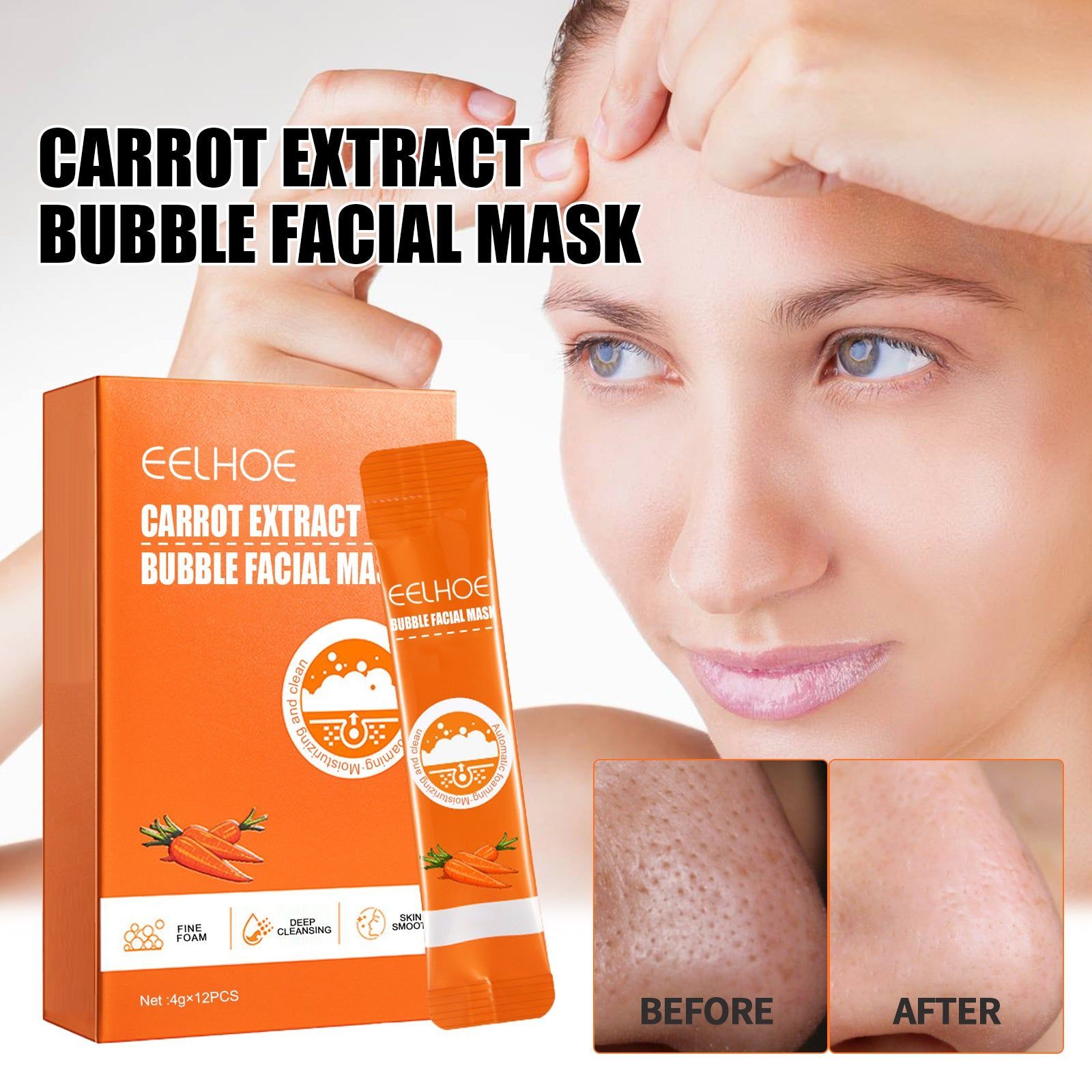 Deep Cleaning and Whitening Carrot Bubble Mask for Bright, Clear Skin ,4g*12pcs