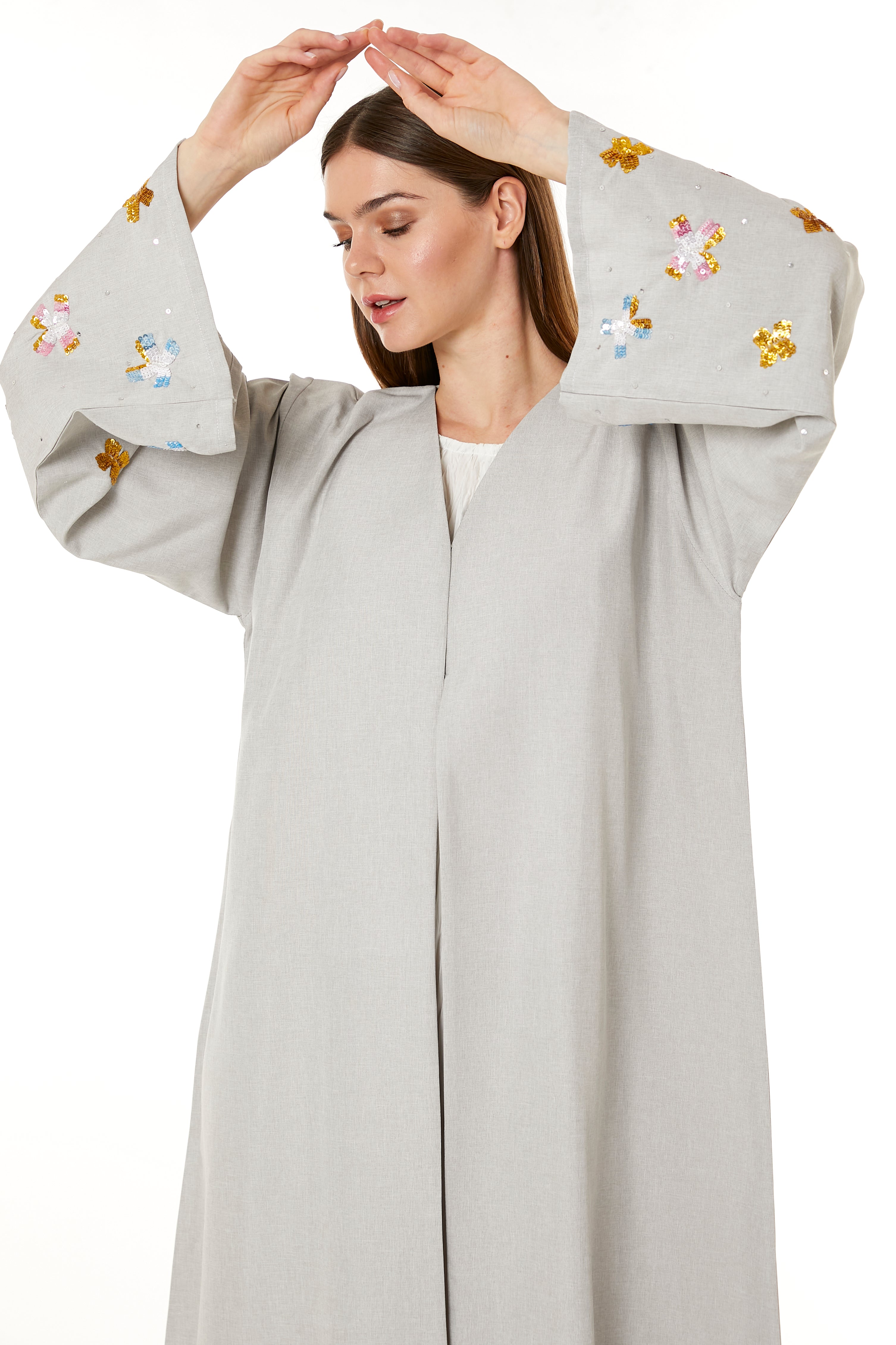 MOiSTREET Beige Melange Embroidered Abaya