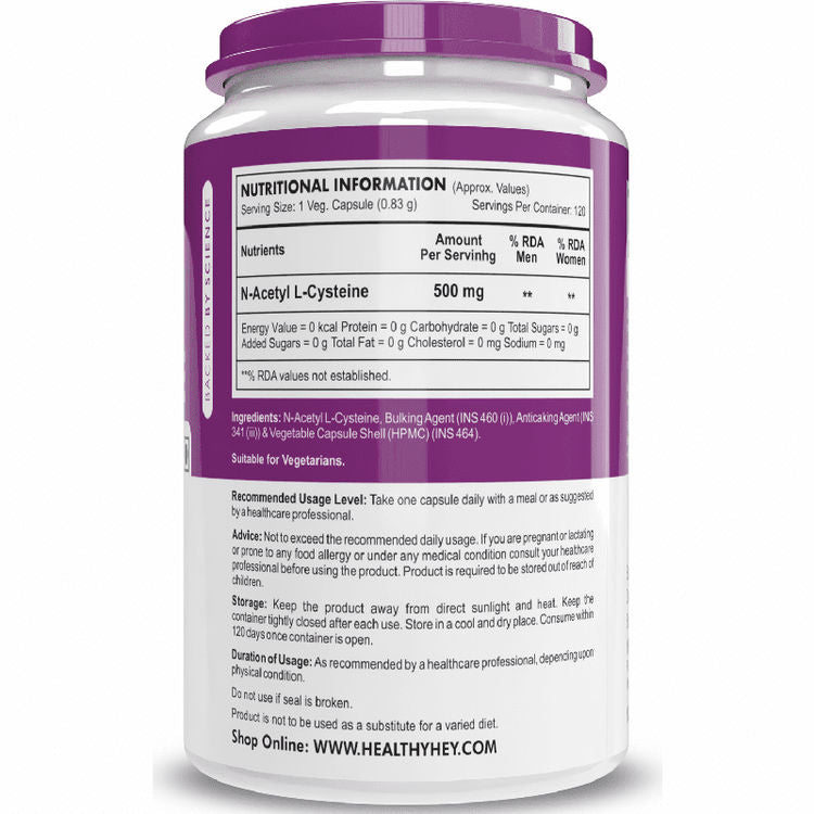 HealthyHey N-Acetyl L-Cysteine (NAC) - Non-GMO - Gluten Free - 500mg - 120 Veg. Capsules