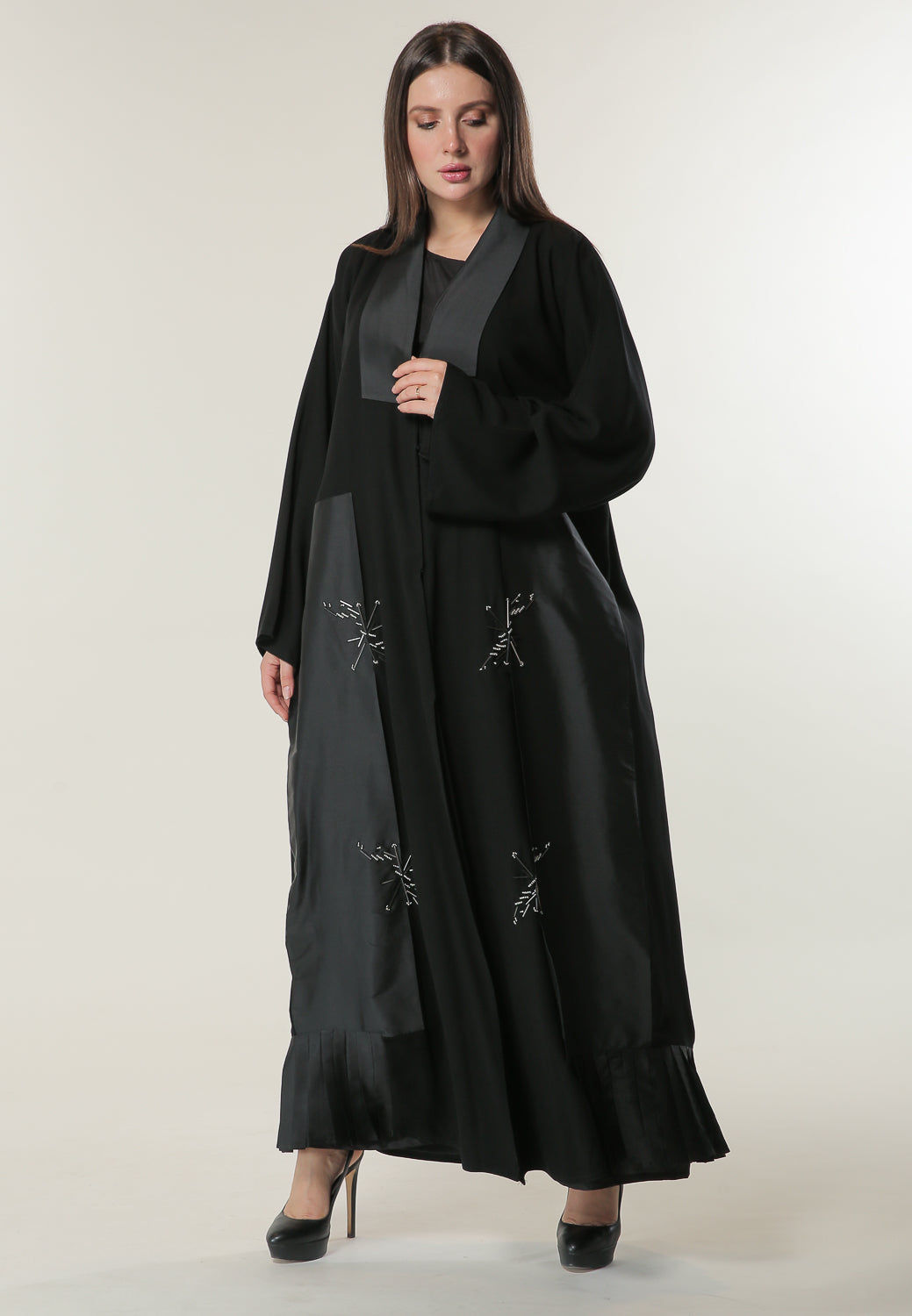 MOiSTREET Black Abaya with handwork and  Pleated Tafta Hem