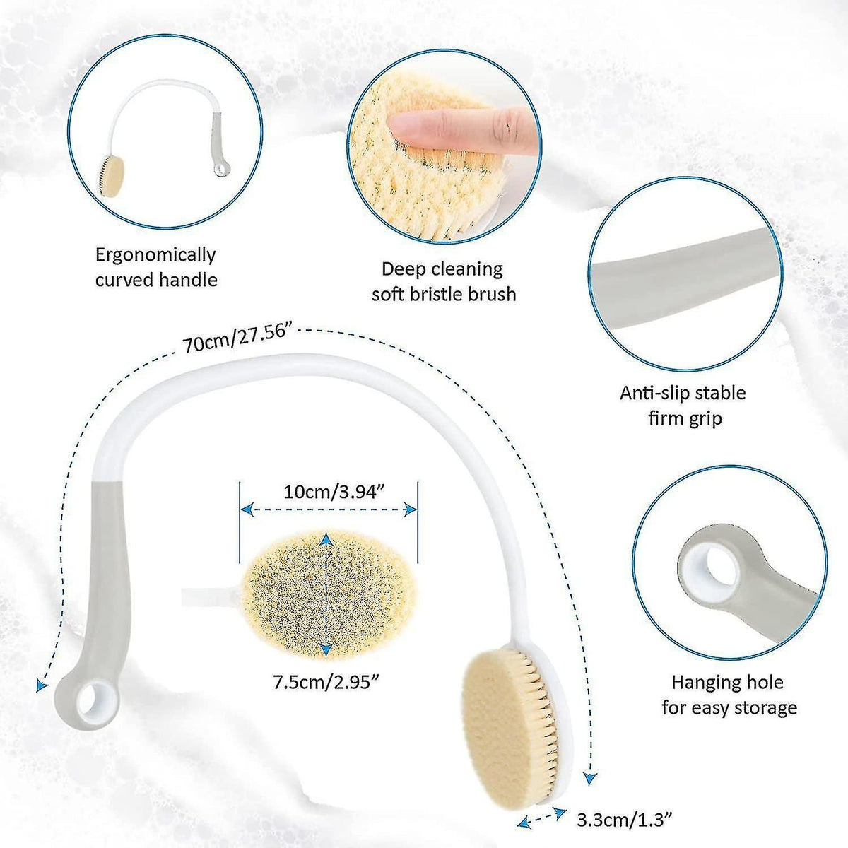 Long Handle Curved Back Bath Brush With Soft Bristles and Hanging Hook