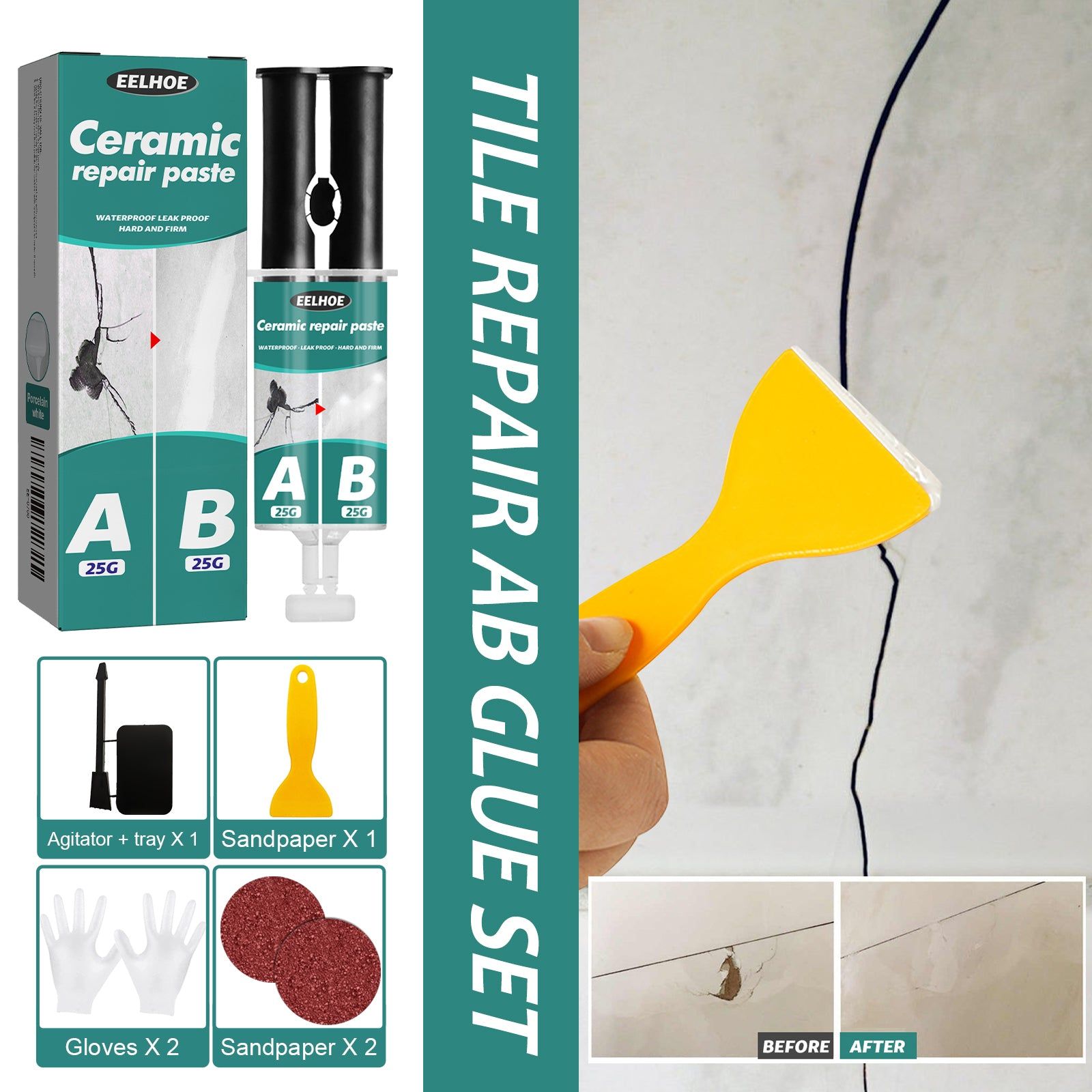 Ceramic Repair Paste, Fix Cracks Fractures, Metal Tile AB Adhesive, Quick Durable Fix ,50g