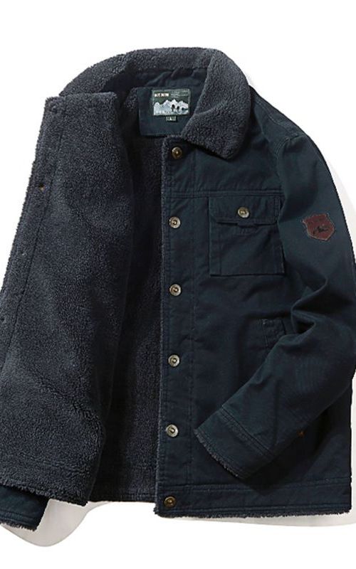 Winter Thick Bomber Jacket Fleece Lined Warm Coat Men Solid Color Lapel Outerwear